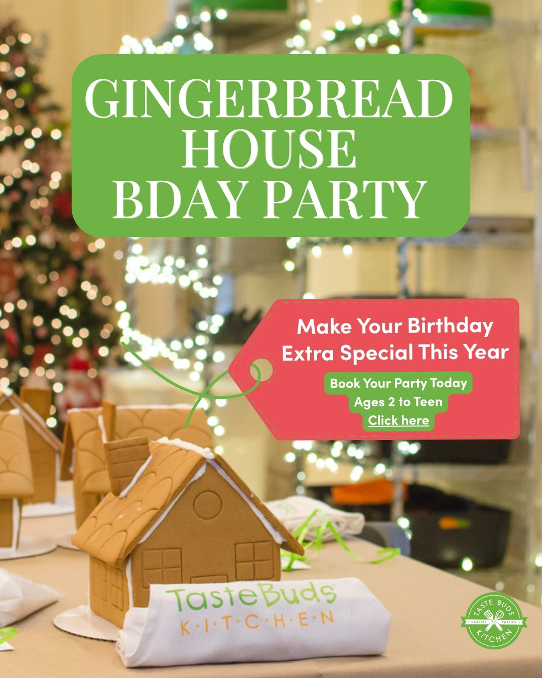 Gingerbread house birthday party flyer with festive decorations.