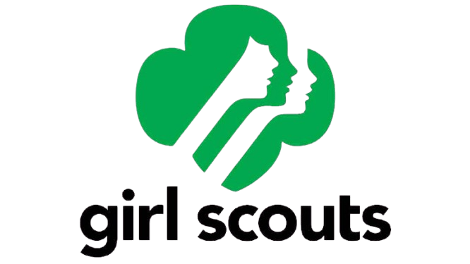 Green clover logo with faces, and text 'girl scouts' below.